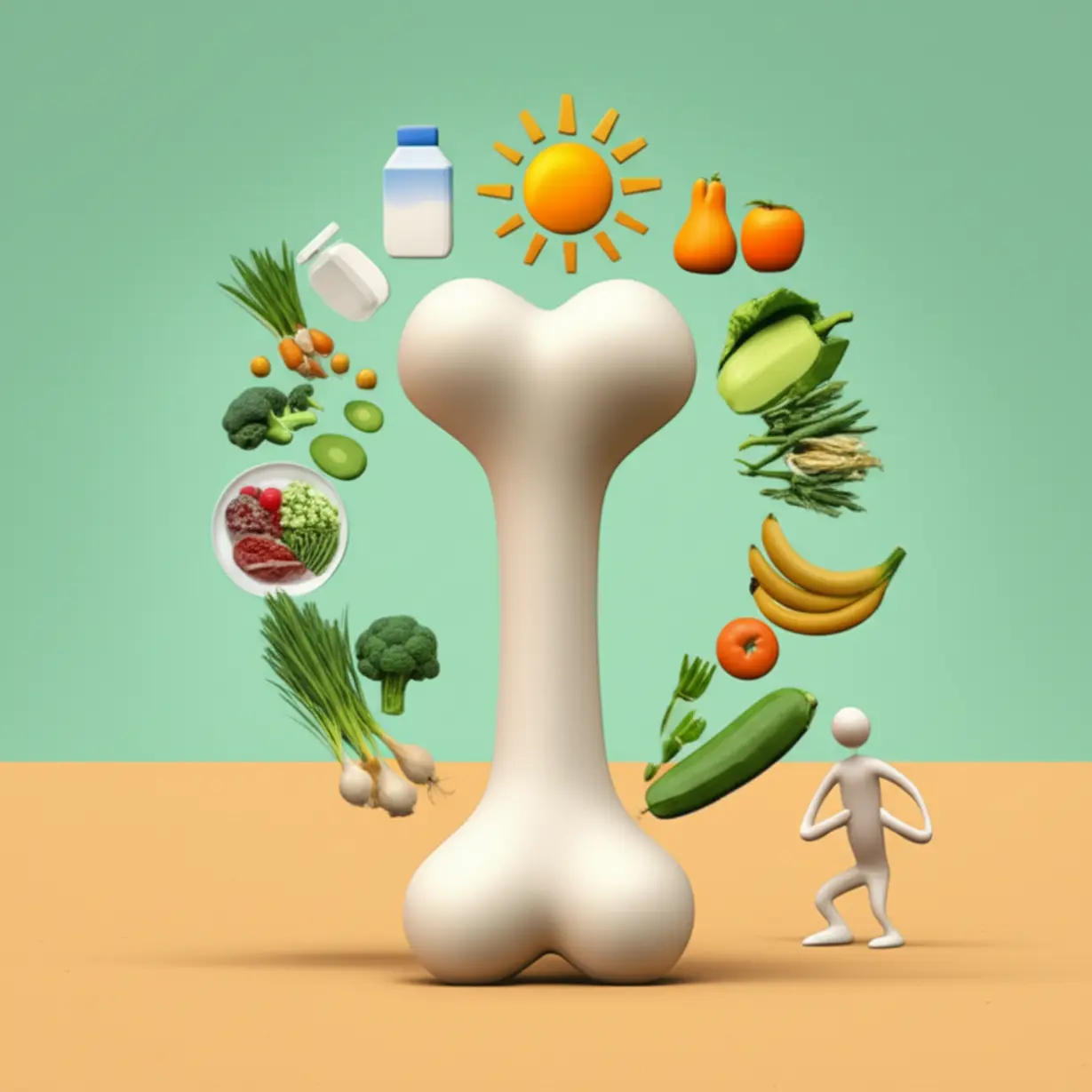 Bone-structure-with-icons-for-healthy-diet,-sun,-and-exercise