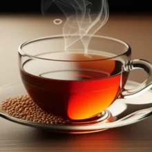 A-steaming-cup-of-Cassia-Seed-Tea-surrounded-by-symbols-representing-eye-health,-gut-health,-and-relaxation.