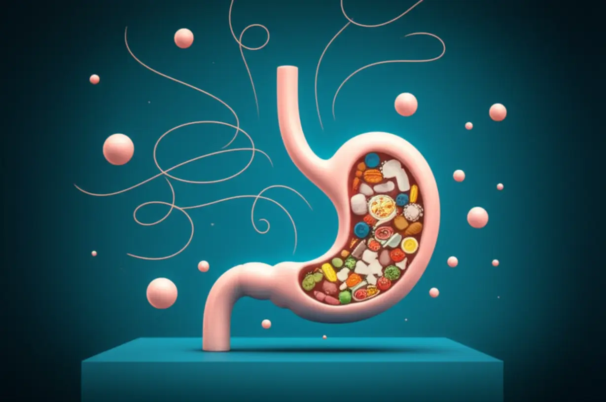 Cute-3D-illustration-showing-abstract-representations-of-stress,-irregular-eating,-and-poor-diet-affecting-a-stylized-stomach,-causing-bloating.