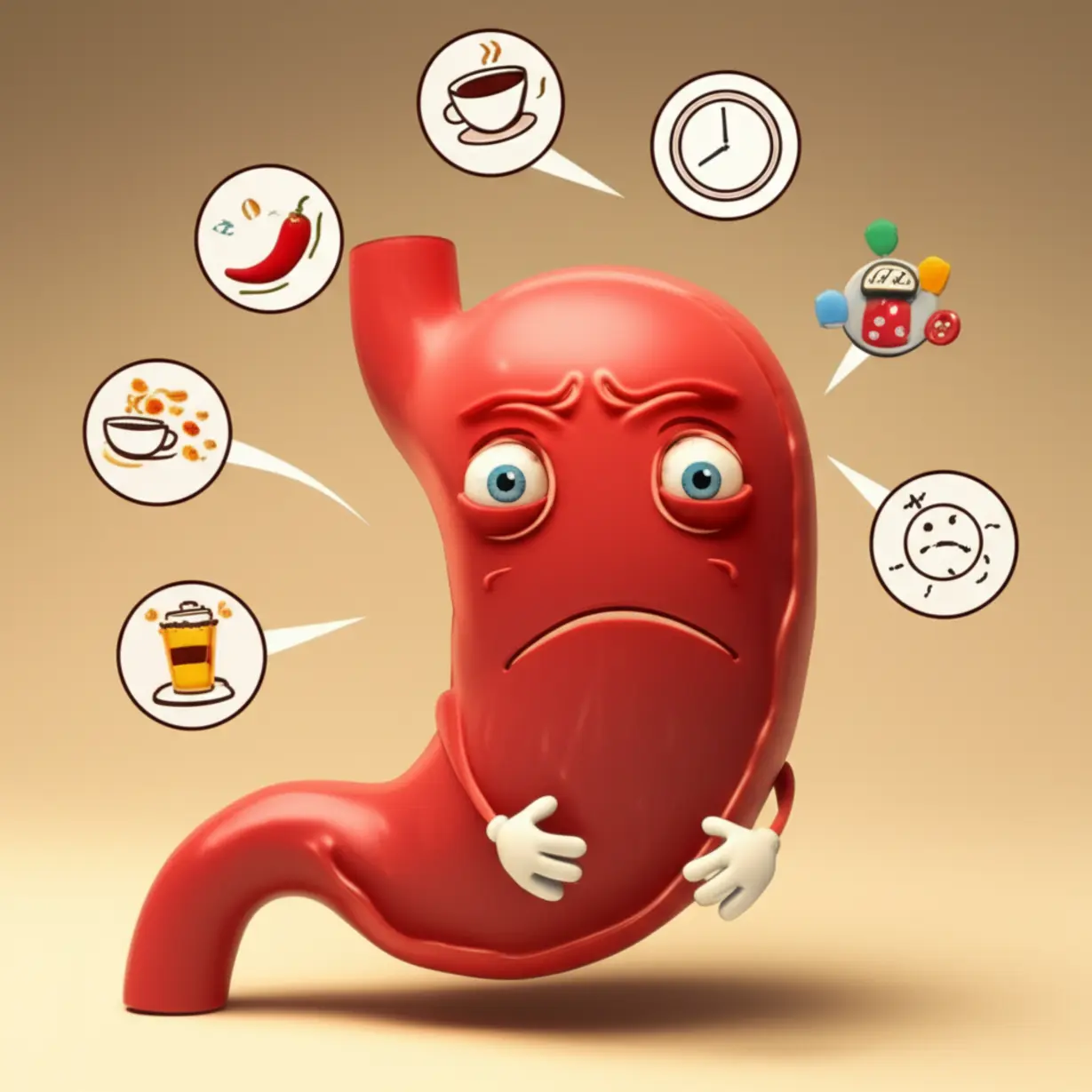 Cute-3D-illustration-showing-a-cartoon-stomach-character-surrounded-by-icons-representing-causes-of-reflux-like-spicy-food,-caffeine,-late-meals,-and-stress.
