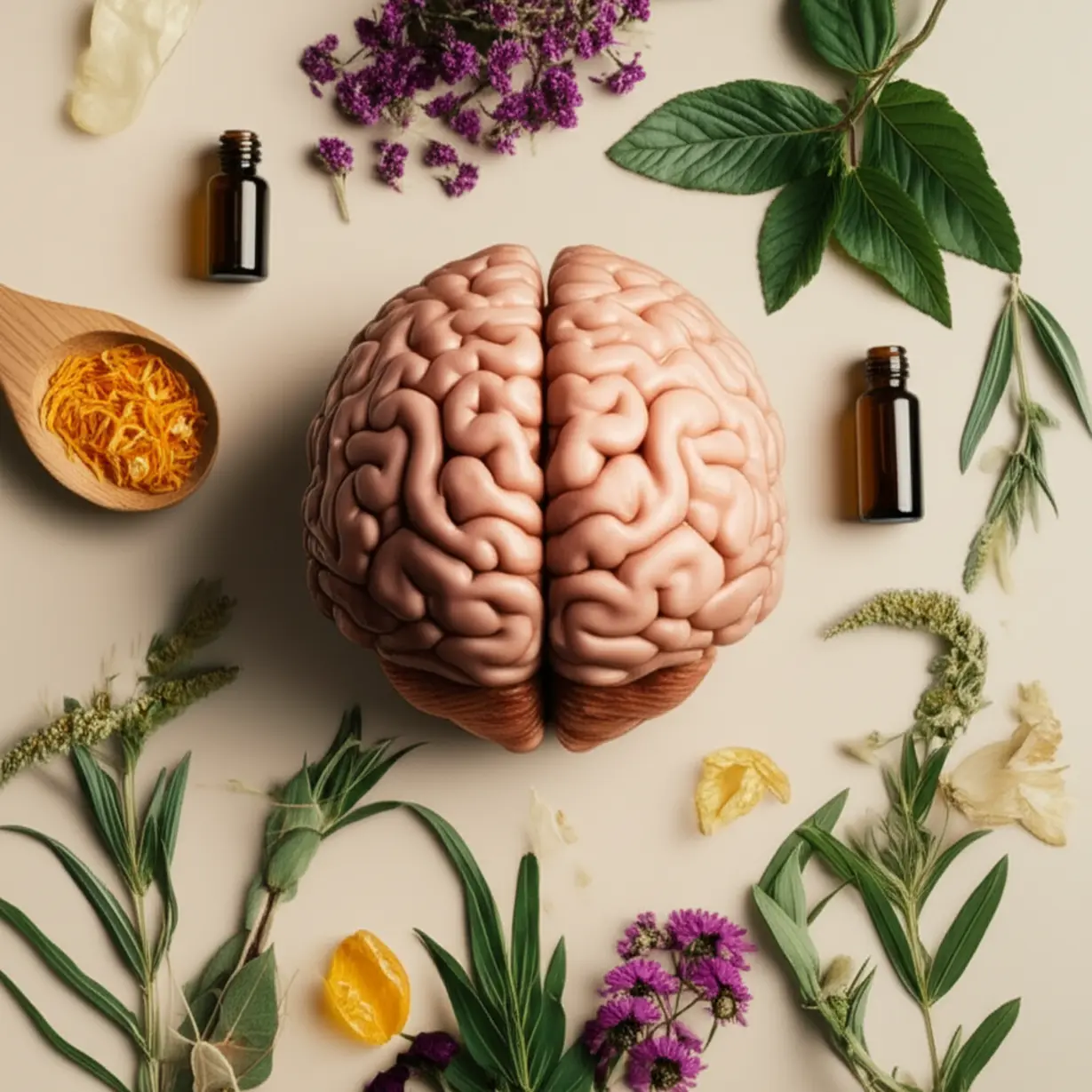 뇌-건강을-지원하는-한약을-나타내는-귀여운-3D-뇌와-식물-이미지