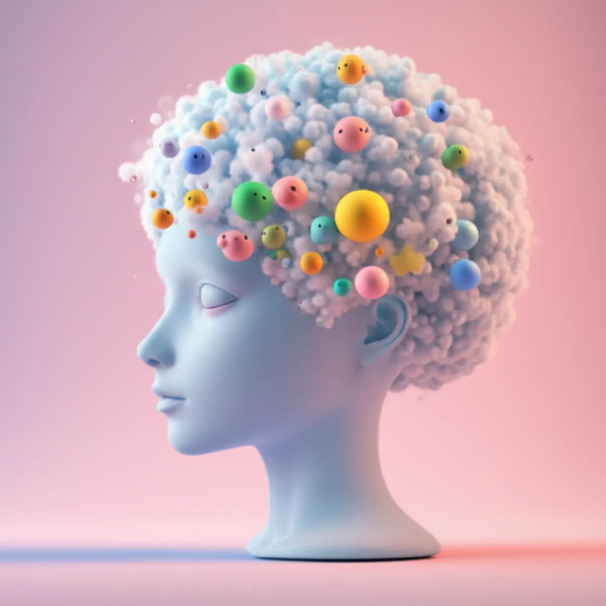 부드러운-구름-모양-머리에서-추상적인-생각/기억-형태가-사라지는-귀여운-3D-이미지