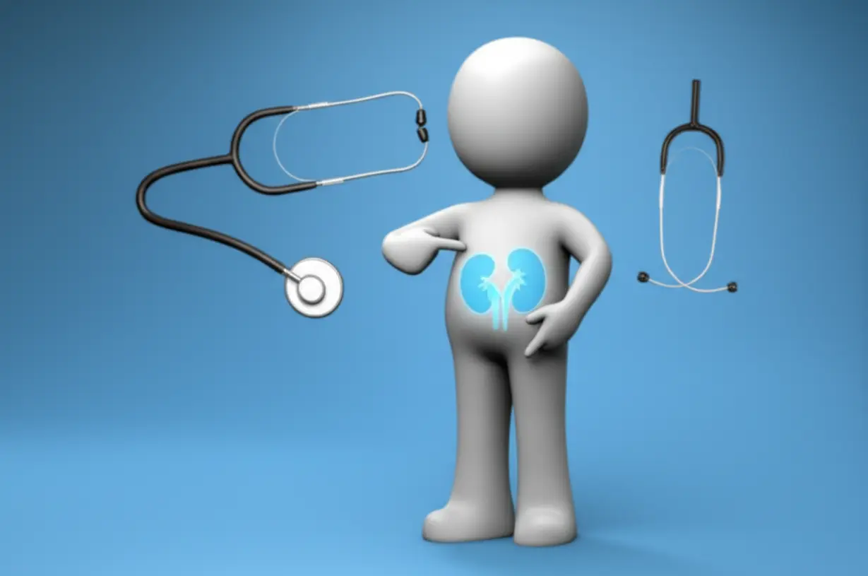 귀여운-3D-일러스트레이션,-오른쪽-옆구리-통증의-일반적인-원인을-나타내는-장기-아이콘과-진단-도구(초음파-탐지기,-청진기)가-있는-의료-검진-모습입니다.