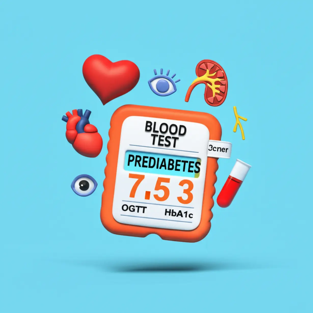 Illustration-showing-prediabetes-blood-sugar-test-results-and-symbols-representing-associated-health-risks-like-heart-problems,-kidney-issues,-and-eye-damage.