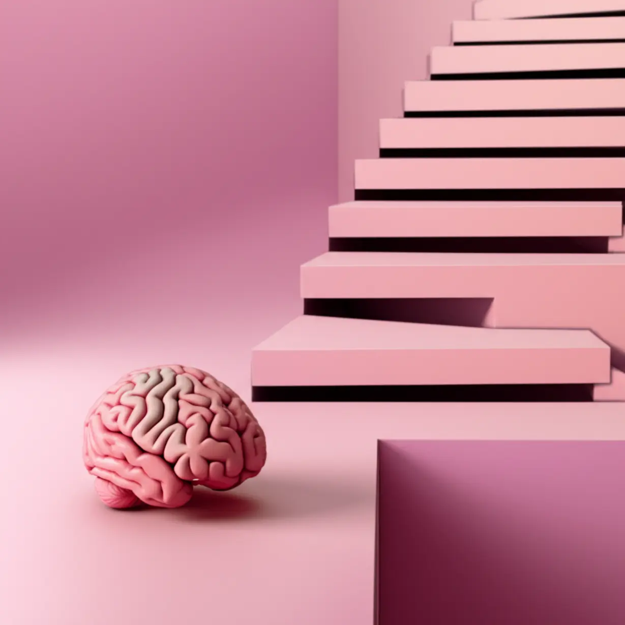 A-3D-illustration-of-a-brain-icon-on-a-path-with-steps,-representing-gradual-change.