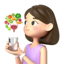 Cute-3D-image-of-a-stylized-woman-promoting-bladder-health-with-water-and-healthy-food.