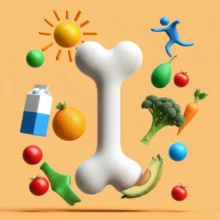 Healthy-bone-structure-with-symbols-of-milk,-sun,-vegetables,-and-exercise