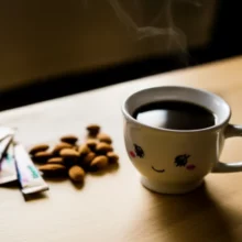 A-steaming-mug-of-coffee-with-stevia-packets-and-almonds