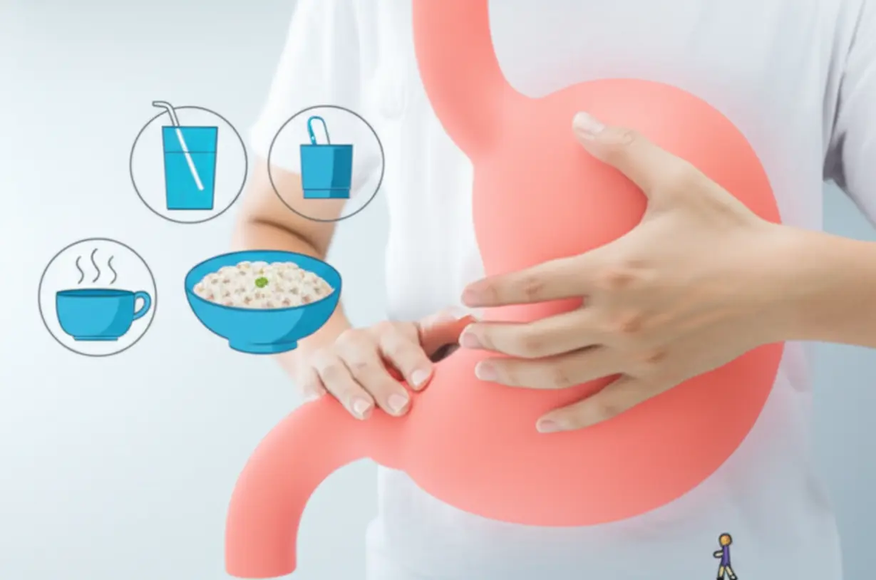 Cute-3D-illustration-showing-soothing-actions-for-digestion:-gentle-massage,-warm-water,-simple-food,-and-walking.