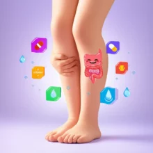 귀여운-3D-일러스트:-다리-모양-캐릭터-주변에-물,-비타민,-건강한-장-모양-아이콘이-떠다니며-건강-신호를-나타냄