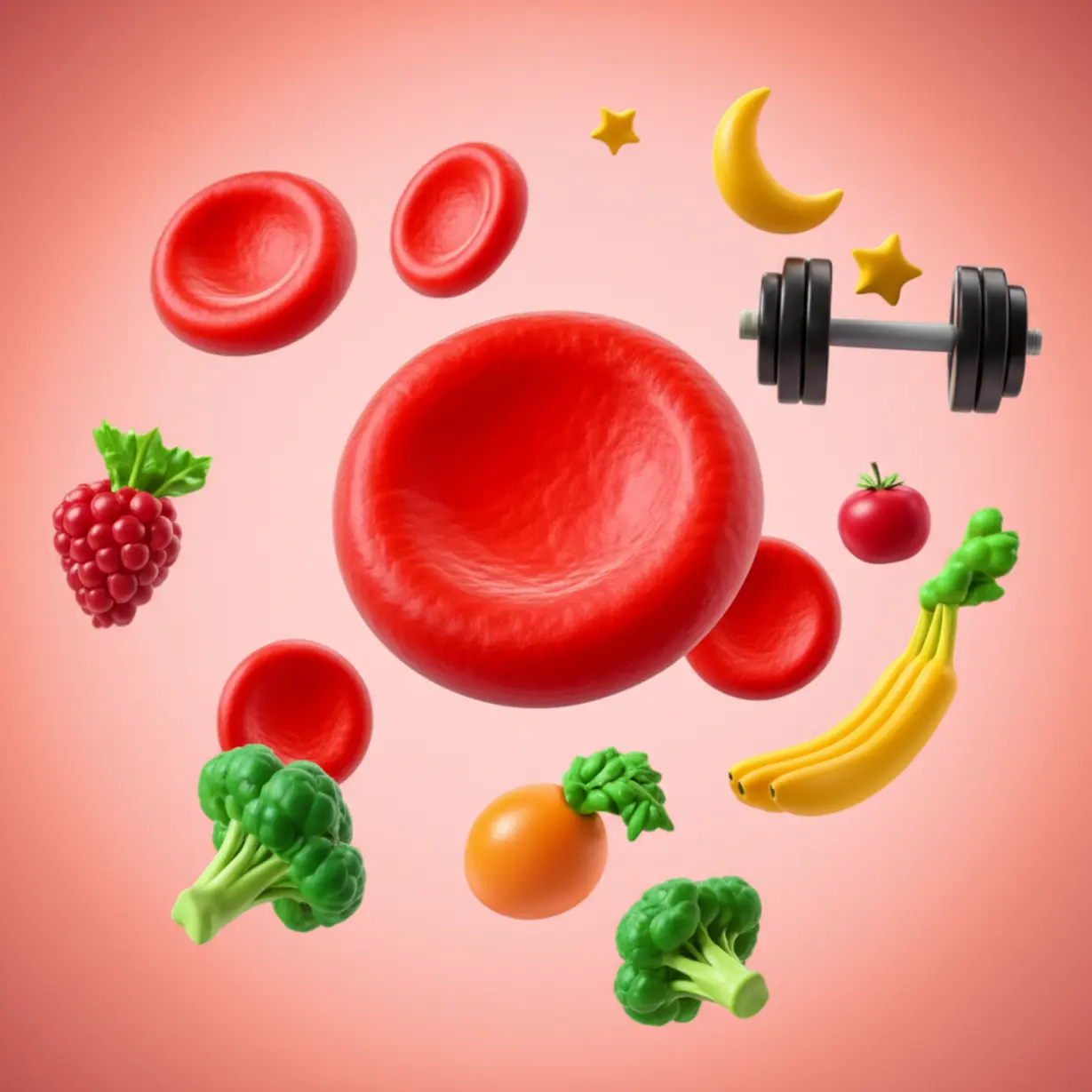 Icons-representing-sleep,-exercise,-and-healthy-food-around-red-blood-cells.
