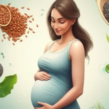 임산부가-배를-감싸고-있고-주변에-해조류,-아마씨,-치아씨드-등-식물성-오메가3-원료들이-떠있는-모습