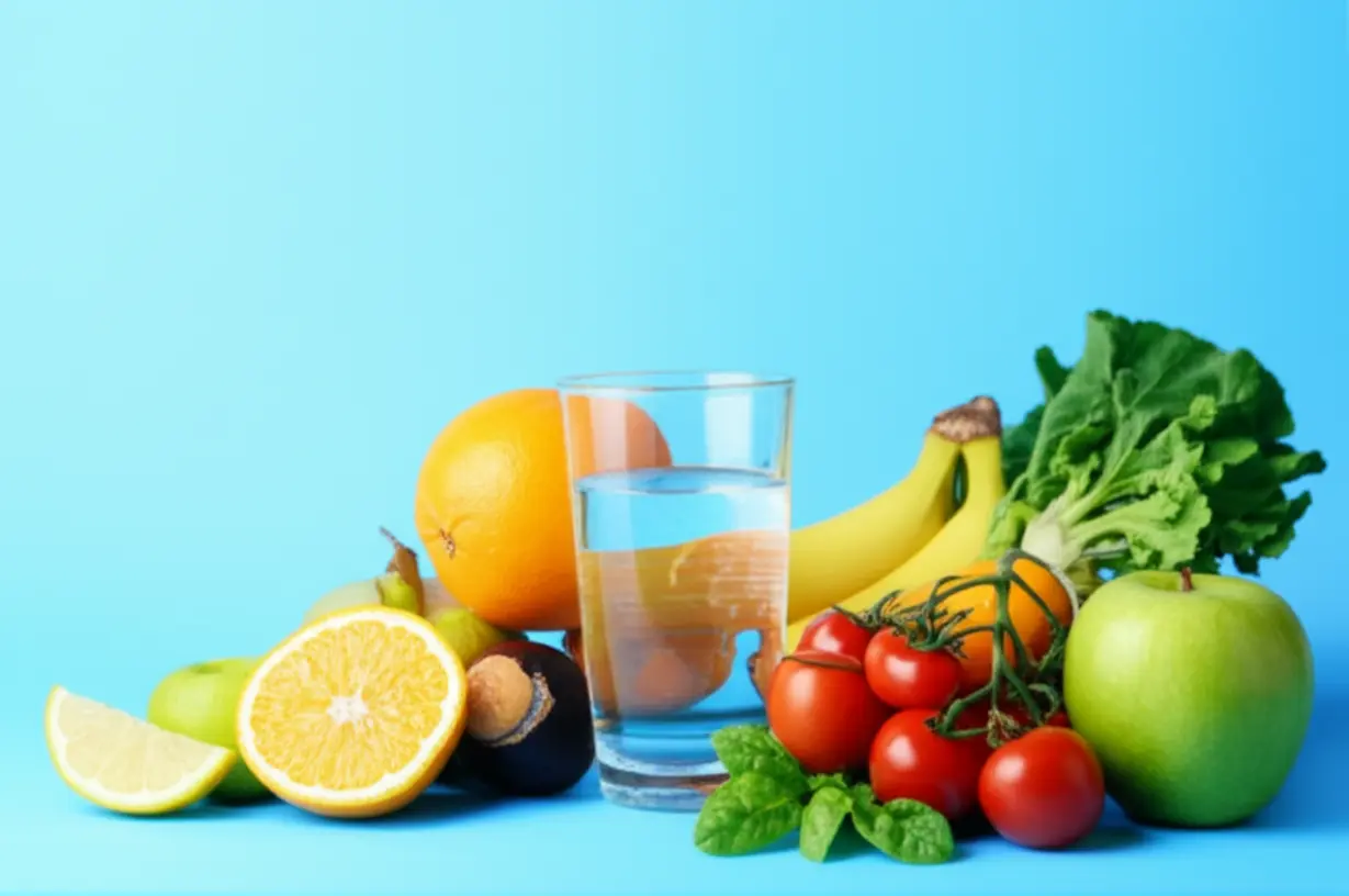 Cute-3D-image-illustrating-healthy-habits-like-drinking-water,-eating-well,-and-hygiene-for-cystitis-prevention.