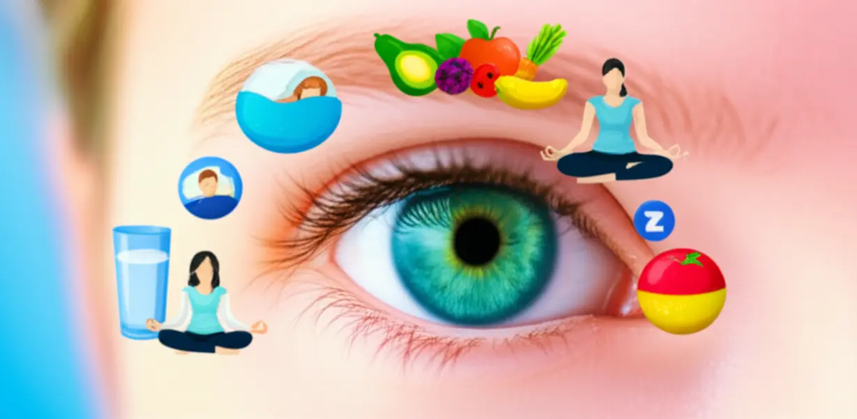 충분한-수면,-건강한-식단,-휴식,-스트레스-관리-등-눈꺼풀-떨림-예방-방법을-상징하는-아이콘과-함께-묘사된-눈-이미지