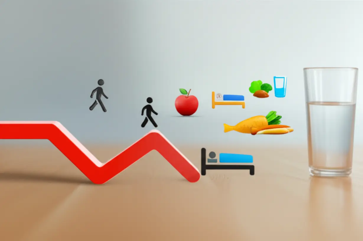 Cute-3D-illustration-showing-the-Somogyi-effect-(blood-sugar-dip-and-spike)-and-icons-for-healthy-habits-like-walking,-sleep,-healthy-eating,-and-hydration.