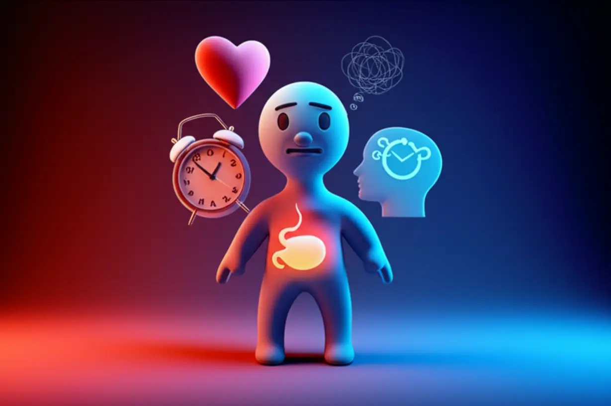 자율신경실조증의-다양한-증상을-나타내는-귀여운-3D-이미지.-약간-불안해-보이는-심장-모양,-소용돌이치는-위-모양,-수면-장애를-보여주는-시계,-복잡한-생각-선이-있는-머리-등-다양한-부위에-미묘한-불편함을-겪는-추상적인-중심-형상을-묘사합니다.-이전-균형-이미지에-비해-약간-불안정하거나-혼란스러운-요소-배열을-사용합니다.-생생하고-칙칙한-색상을-혼합하여-고통을-표현할-수-있습니다.-통증이나-명확한-의료-기관-묘사를-피하고-설명된-증상의-상징적인-표현에-집중합니다.