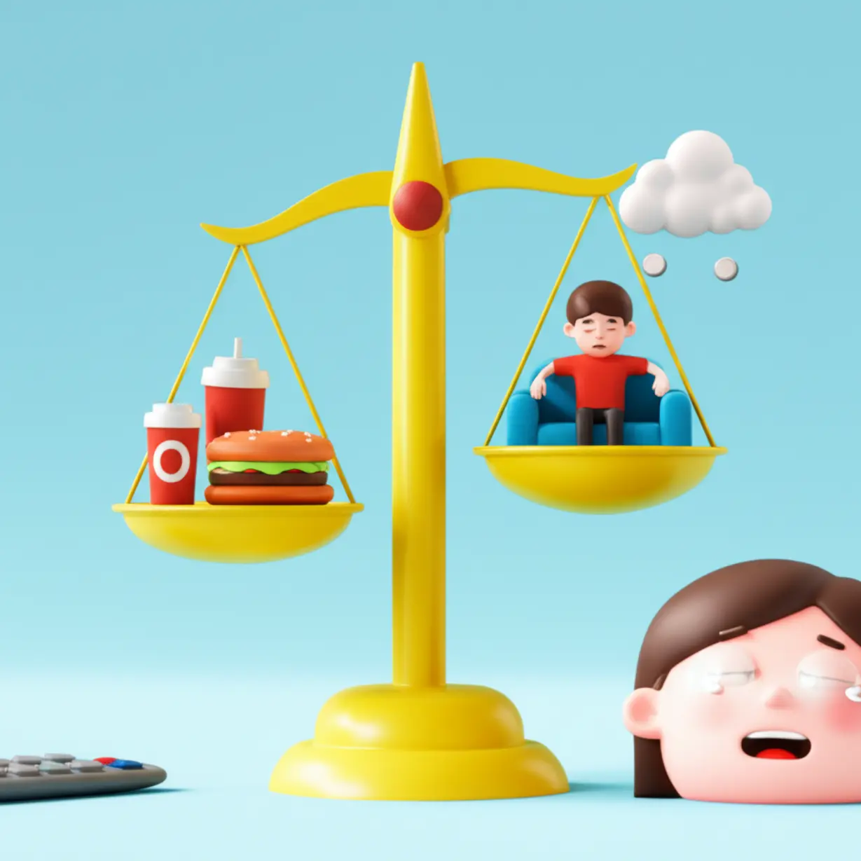 Symbolic-representation-of-prediabetes-causes-(unhealthy-diet,-lack-of-exercise,-stress)-and-subtle-symptoms-(tiredness,-blurry-vision).