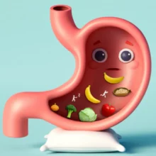Cute-3D-illustration-showing-a-cartoon-stomach-and-throat-with-symbols-of-reflux,-healthy-food,-and-lifestyle-changes.