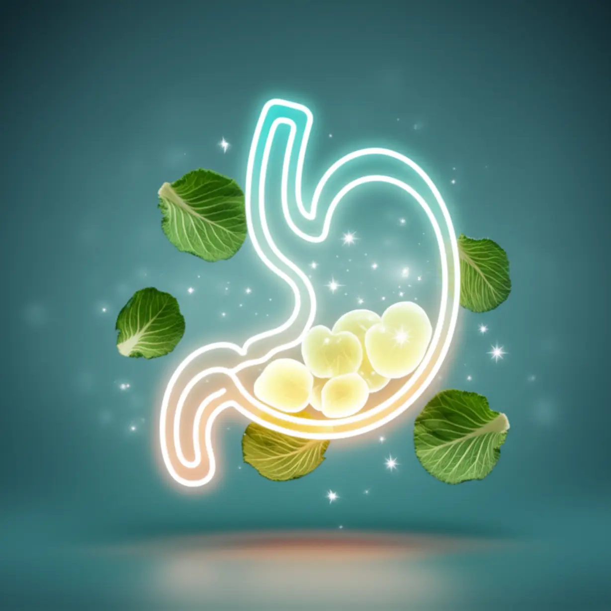 건강하게-빛나는-위-아이콘과-주변의-양배추-잎들,-편안한-느낌의-배경.