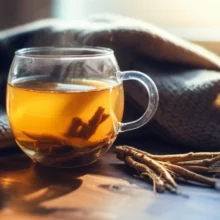 A-cozy-scene-with-a-mug-of-steaming-golden-brown-Solomon's-Seal-tea,-warm-sunlight,-and-a-soft-blanket,-evoking-comfort-and-health.