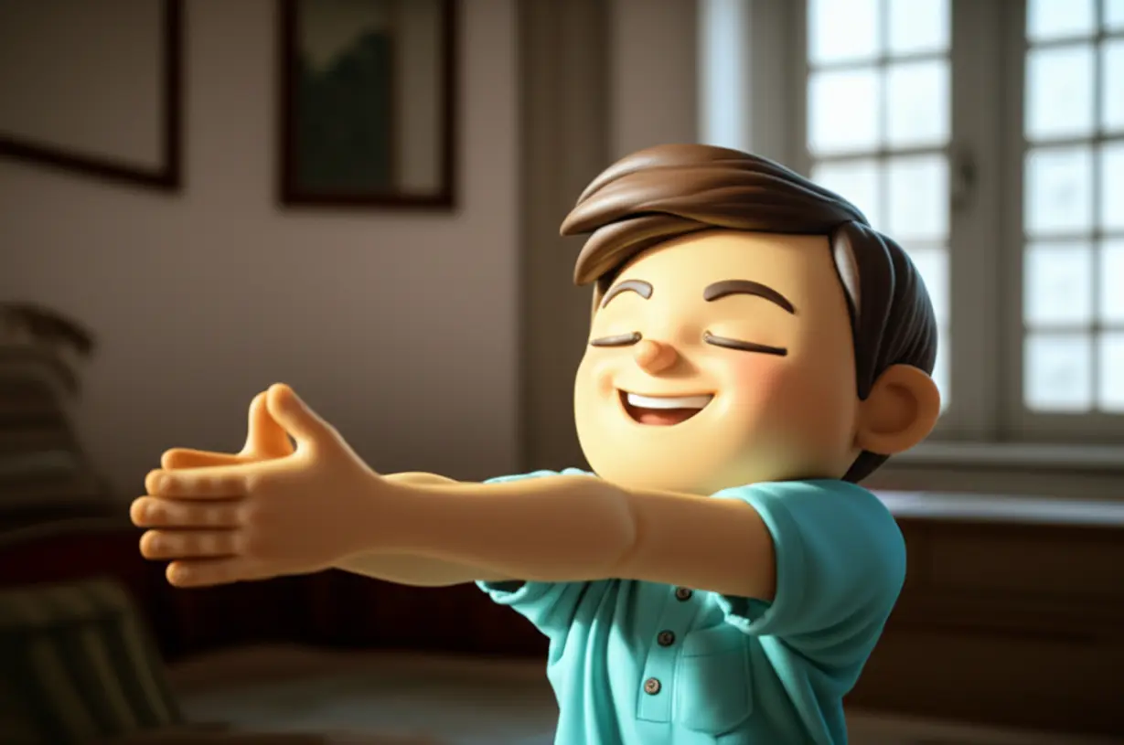 아늑한-방에서-팔을-스트레칭하며-행복해하는-귀여운-3D-이미지