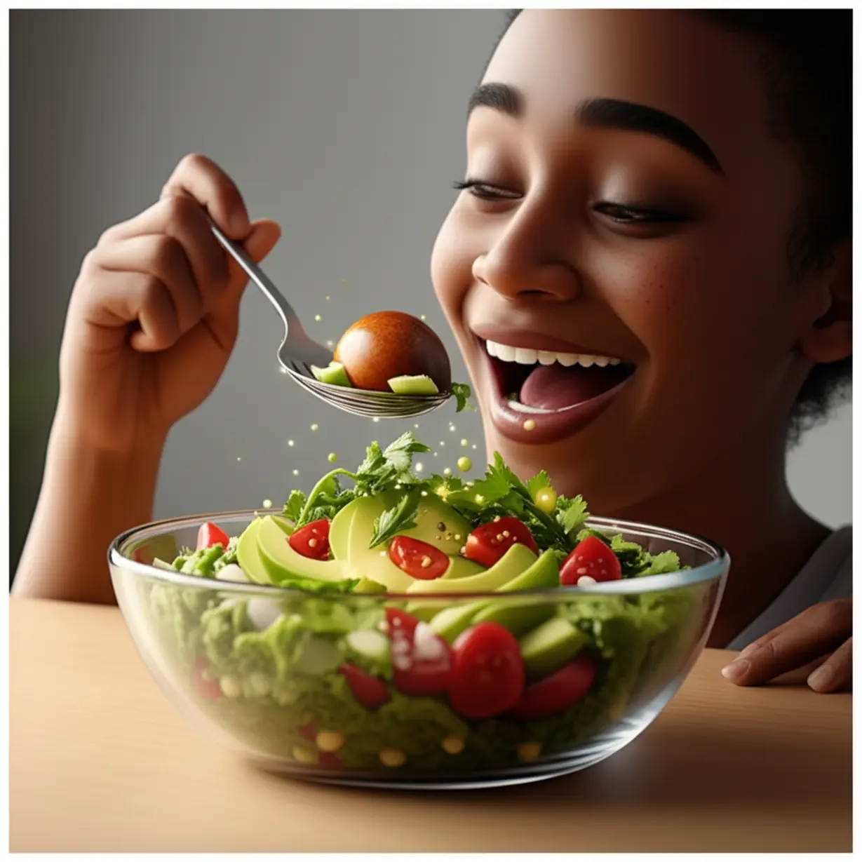 행복한-사람이-아보카도-요리를-먹으며-영양소가-몸으로-흡수되는-3D-이미지