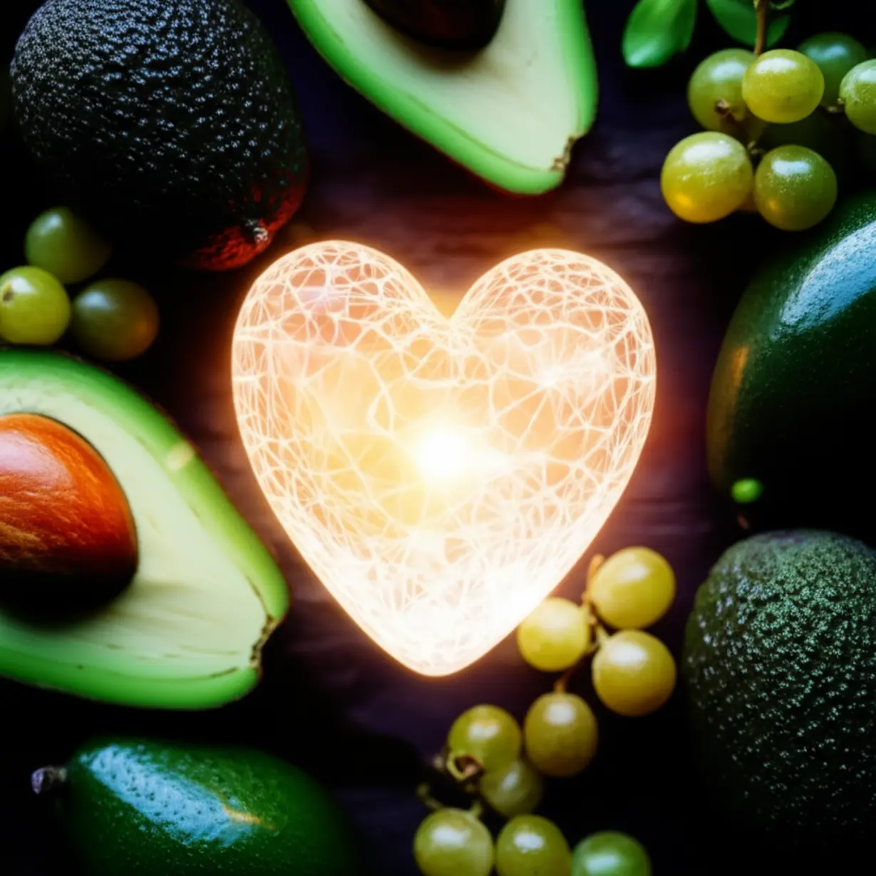 아보카도와-여러-건강한-과일들이-심장을-둘러싸고-빛나는-3D-이미지