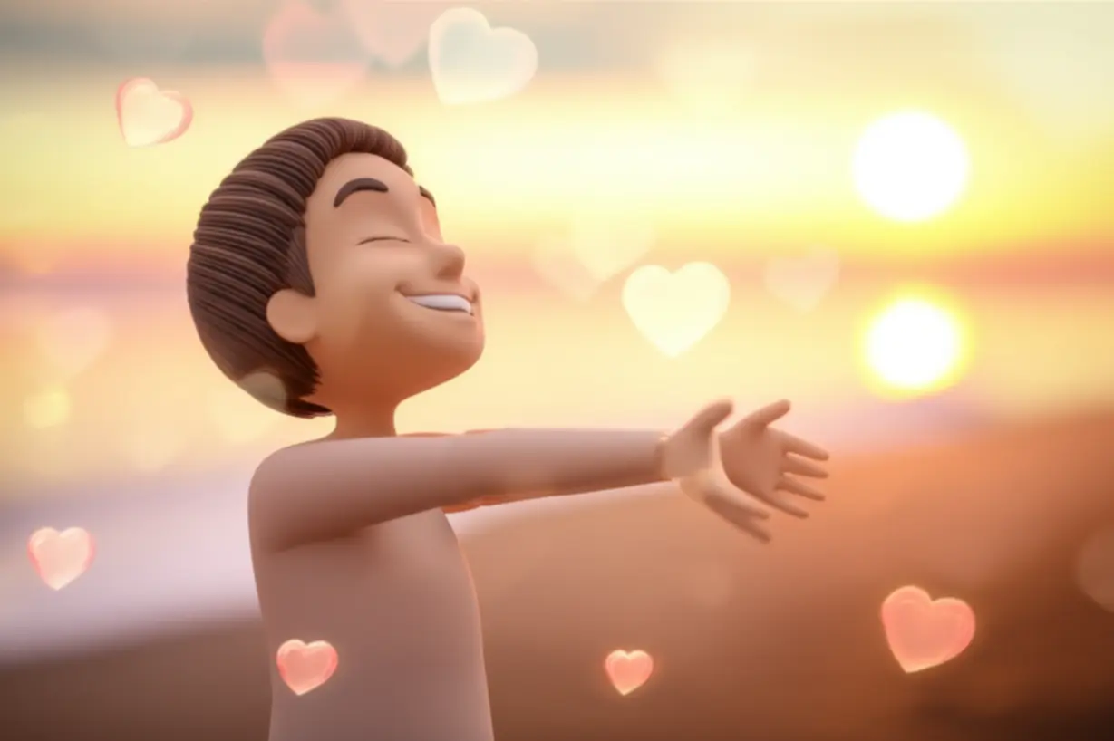 A-cute-3D-person-smiling-and-stretching-towards-a-sunrise,-surrounded-by-floating-hearts,-representing-mental-and-physical-balance.