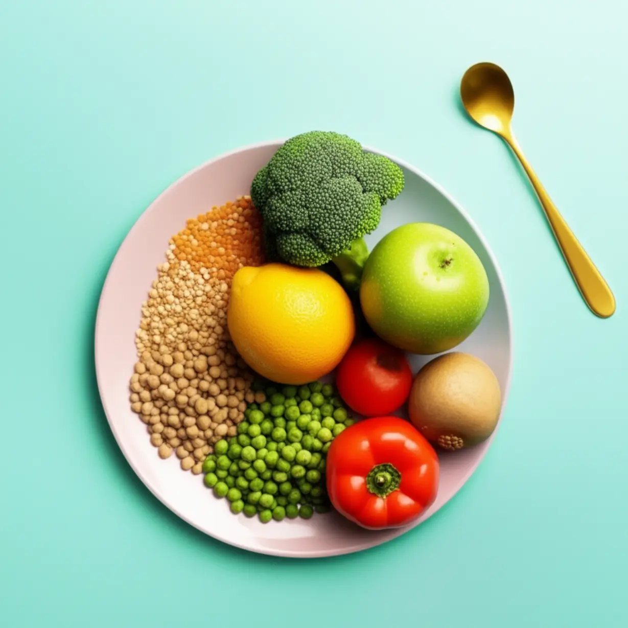 균형-잡힌-식단과-황금-수저가-놓인-건강한-음식-이미지