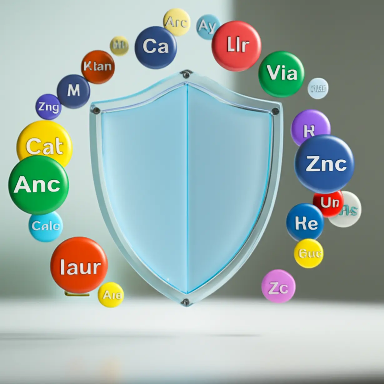 Miniature-nutrient-symbols-surrounding-a-shield,-representing-balanced-nutrition-and-safety.