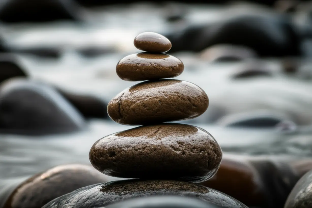A-cute-3D-illustration-of-perfectly-balanced-rocks-by-a-peaceful-stream,-representing-harmony-and-tranquility-after-overcoming-anxiety.