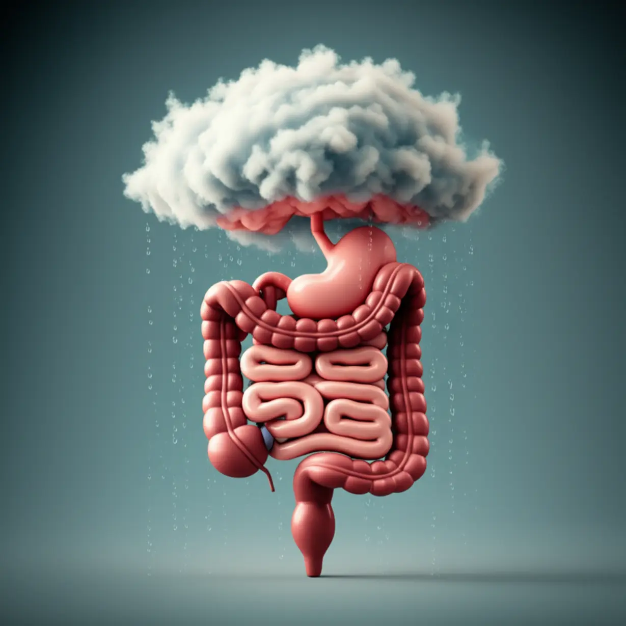 Brain-cloud-raining-calm-drops-on-intestines,-symbolizing-mental-and-digestive-harmony.