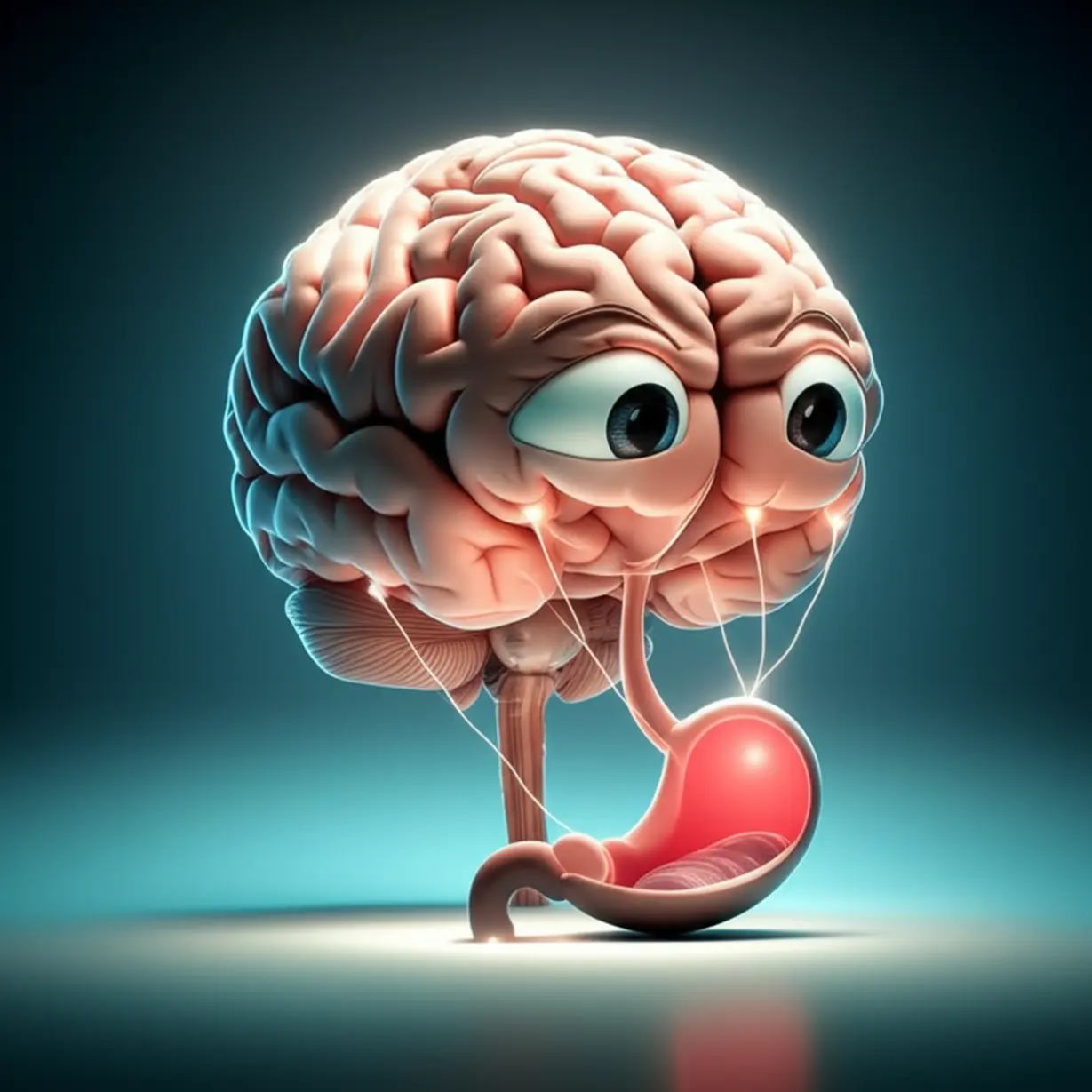 뇌와-위가-섬세한-에너지-선으로-연결되어-있는-귀여운-3D-이미지