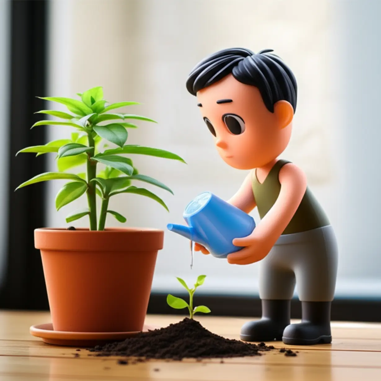 평화로운-분위기-속에서-작은-식물에-물을-주는-차분한-사람