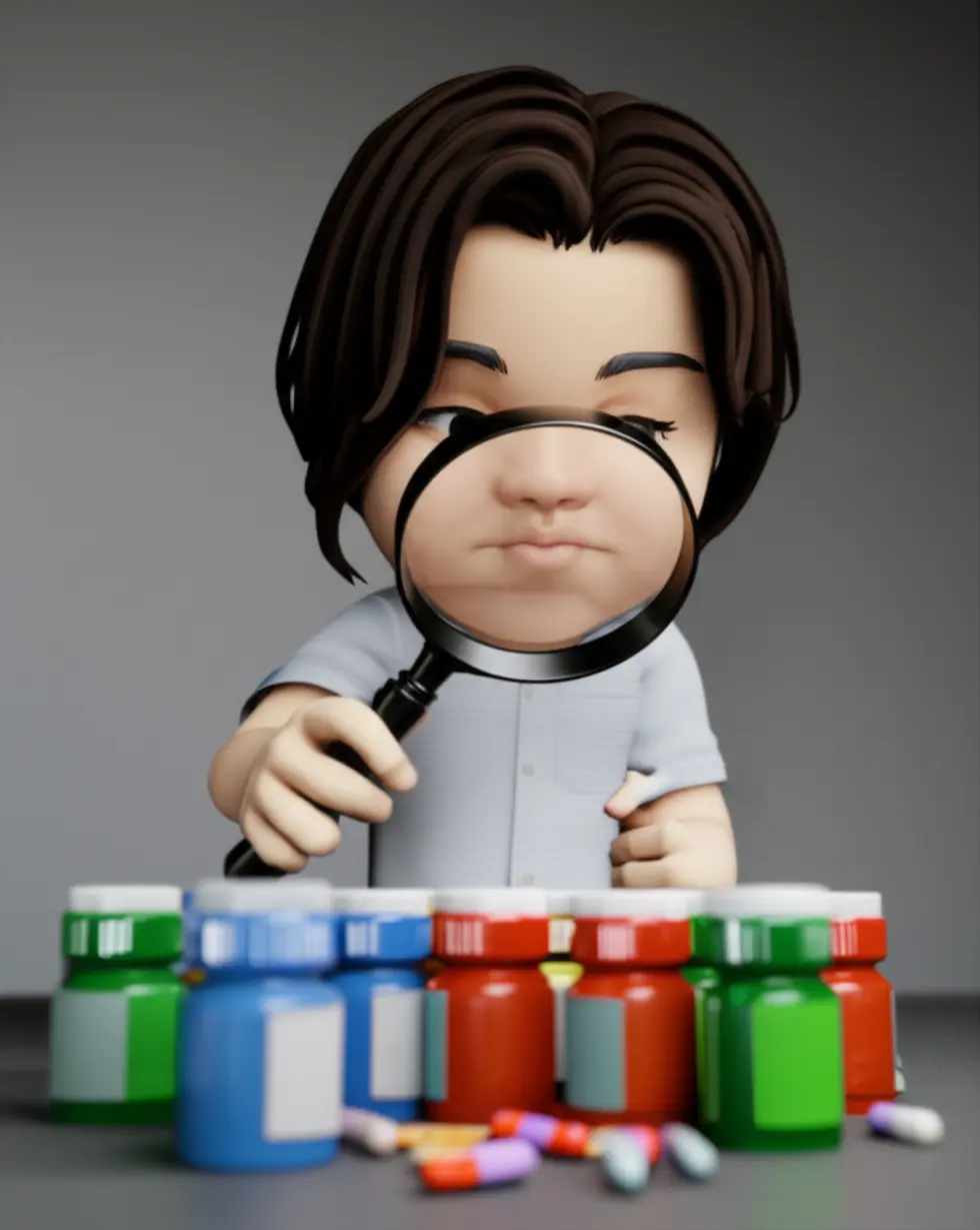 여러-영양제-병을-돋보기로-신중하게-살펴보는-사람의-모습