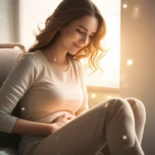 A-person-smiling-in-relief,-holding-their-stomach-gently,-surrounded-by-glowing,-comforting-elements-in-a-cozy-room-with-sunlight.