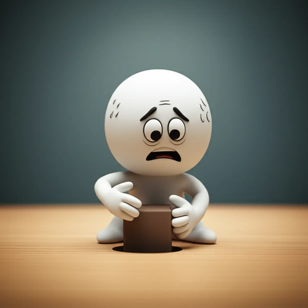 잘못된-방법으로-소화-불량을-해결하려는-듯-네모난-조각을-둥근-구멍에-끼워-넣으려는-당황한-캐릭터의-3D-이미지