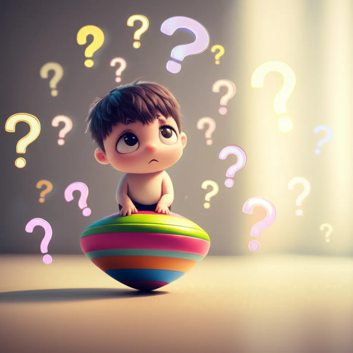 혼란스러워하는-표정의-캐릭터가-팽이-위에-앉아-있고-주변에-물음표가-떠다니는-귀여운-3D-이미지