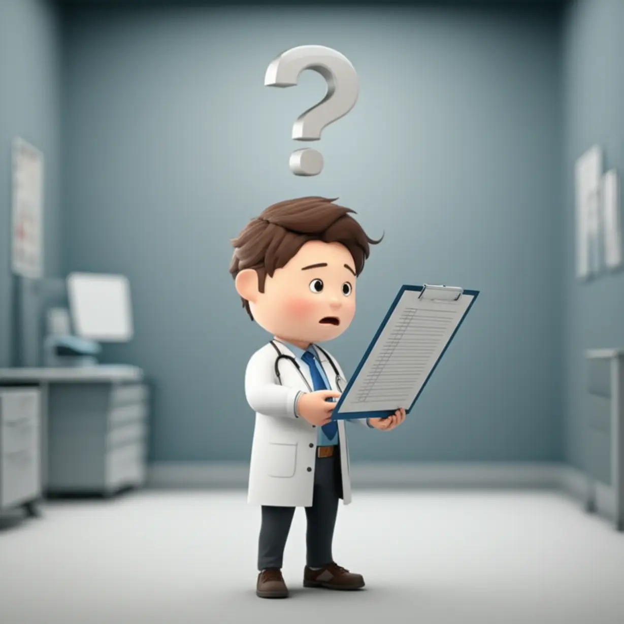 텅-빈-진료실에서-빈-검사-결과지를-들고-어리둥절한-표정을-짓는-3D-캐릭터