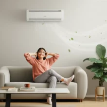 편안하고-아늑한-거실에-에어컨-바람으로-쾌적함을-느끼는-사람의-모습