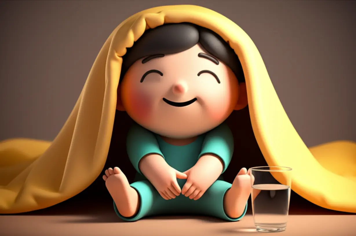 따뜻한-이불-아래에서-물-한-잔과-함께-편안하게-스트레칭하는-사람의-귀여운-3D-이미지