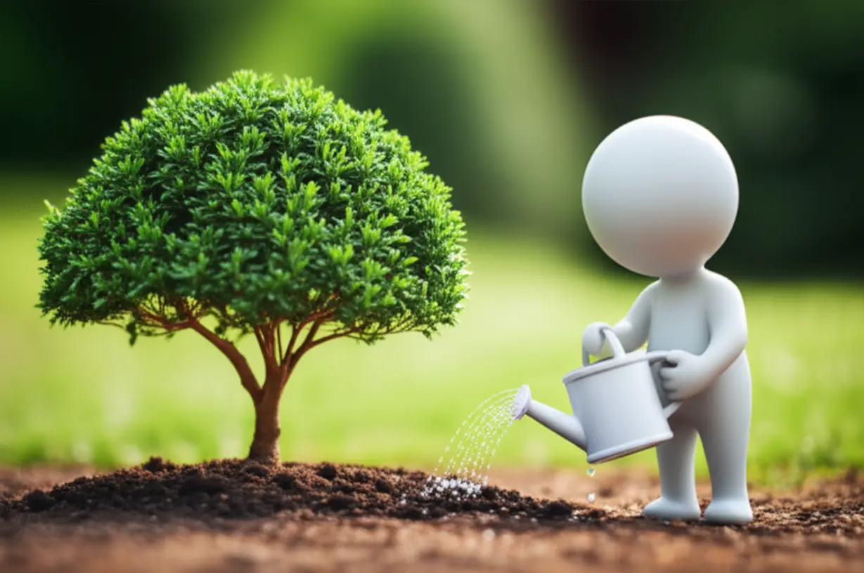 A-person-watering-a-thriving-tree,-representing-small,-consistent-efforts-for-long-term-health.