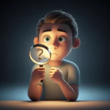 작고-빛나는-물음표를-돋보기로-들여다보는-귀여운-3D-캐릭터가-궁금해하는-모습