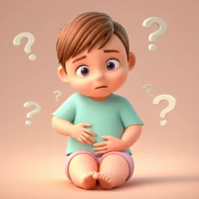 A-puzzled-person-gently-touches-their-lower-left-abdomen,-surrounded-by-floating-question-marks,-symbolizing-the-mystery-of-pain.