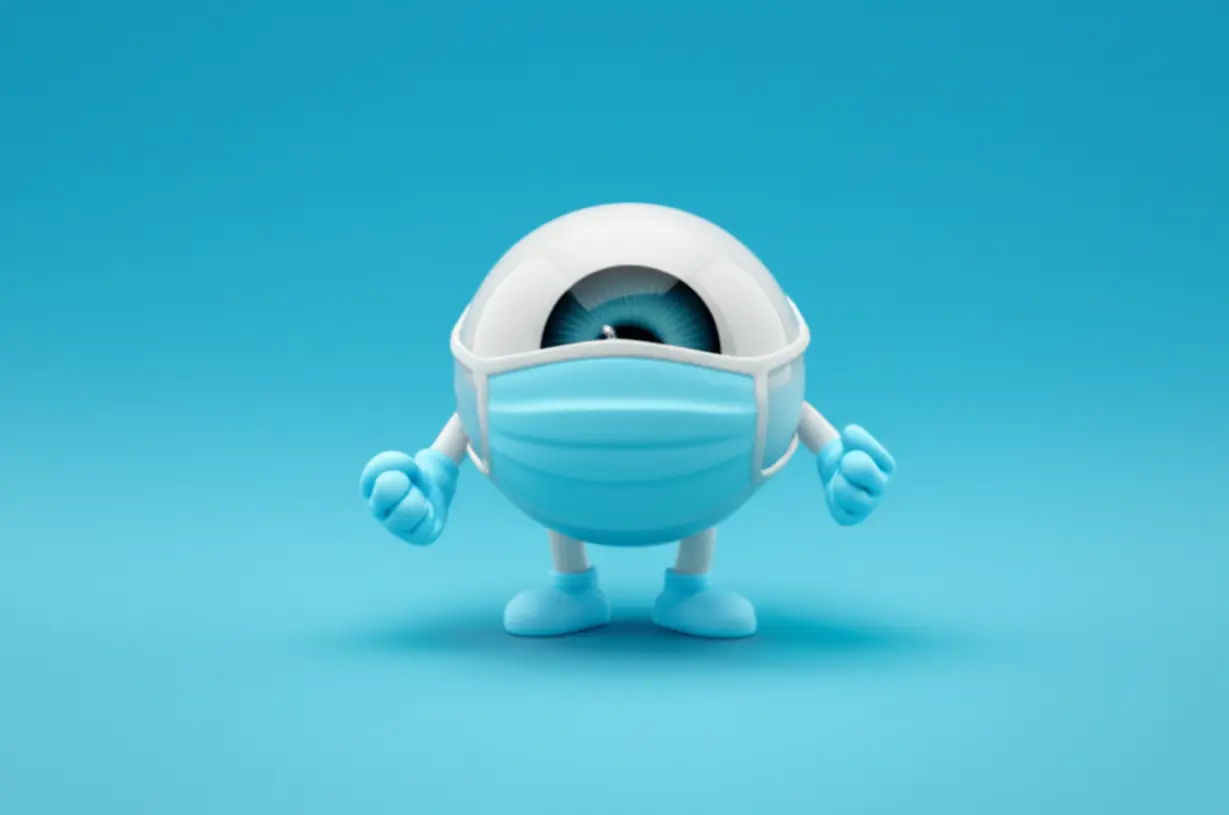 작고-귀여운-3D-눈-캐릭터가-보호-마스크와-장갑을-착용하고-약간-놀란-표정이지만-결연해-보이며,-보호와-전염-인식-상징