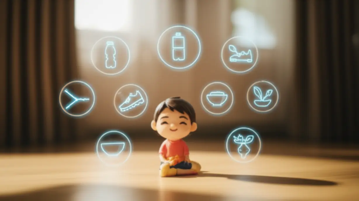 조직된-집에서-시계를-보며-건강한-습관-아이콘들이-떠다니는-차분한-사람-캐릭터