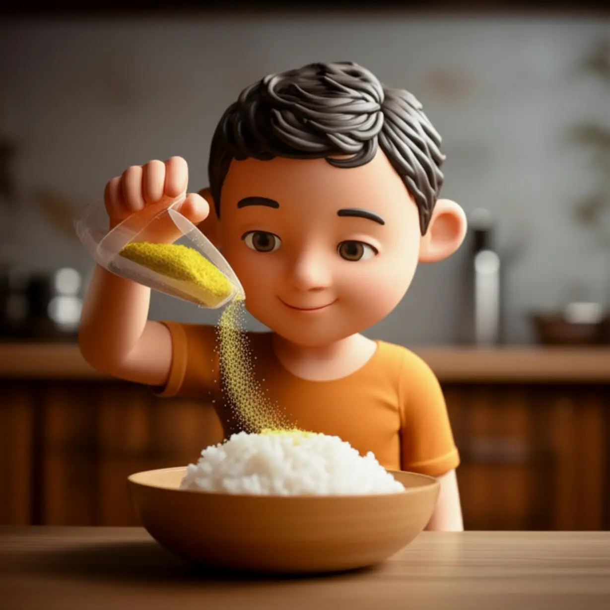 밥-위에-건강한-가루를-뿌리는-사람의-3D-이미지,-일상-속-작은-건강-습관을-나타냅니다.