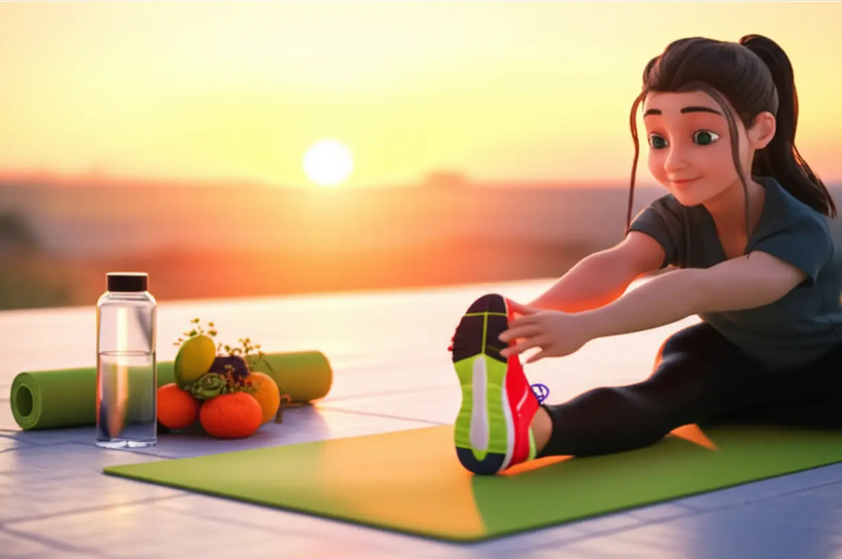 해가-뜰-때-우아하게-스트레칭하는-사람,-신선한-과일,-투명한-물병,-요가-매트와-같이-건강한-삶의-요소들이-부드럽게-빛나며-새로운-건강-루틴을-상징합니다.