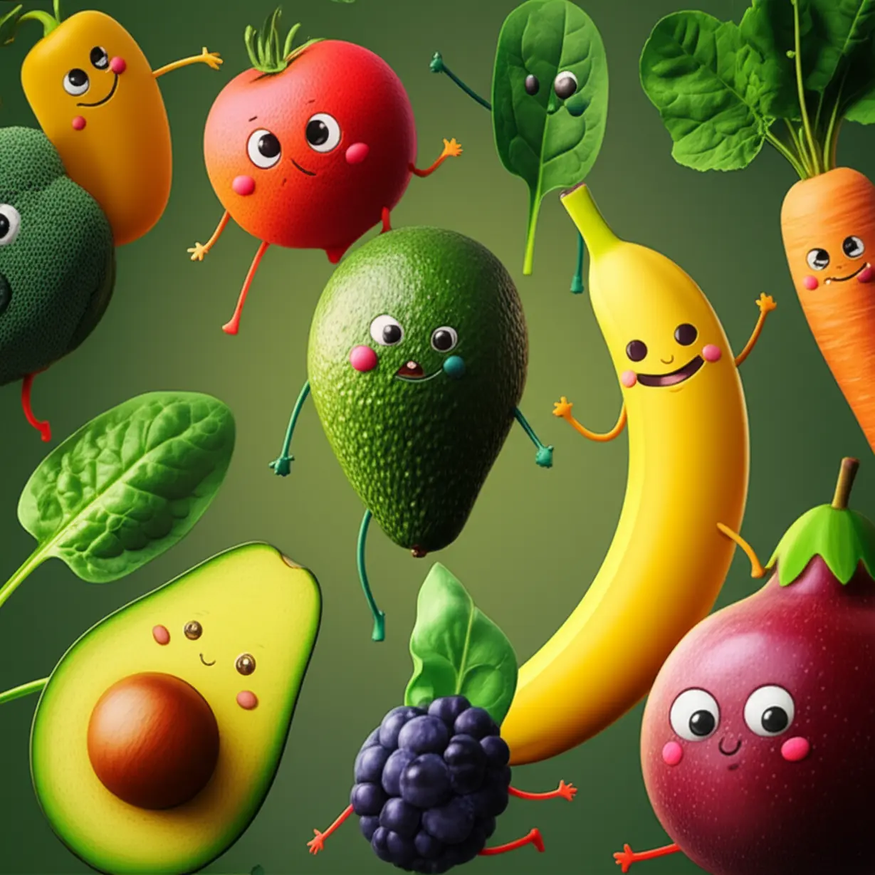 혈관-건강에-좋은-다양한-과일과-채소들이-활기차게-춤추는-귀여운-3D-이미지