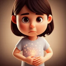 A-3D-illustration-of-a-person-with-a-curious-look,-holding-their-stomach,-with-glowing-insights-around-them,-symbolizing-understanding-stomach-health.